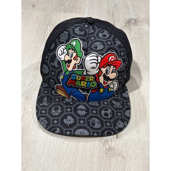 Nintendo Other - Nintendo Super Mario Luigi Snapback Hat Black Gray Power-Up Print Flat Brim Cap